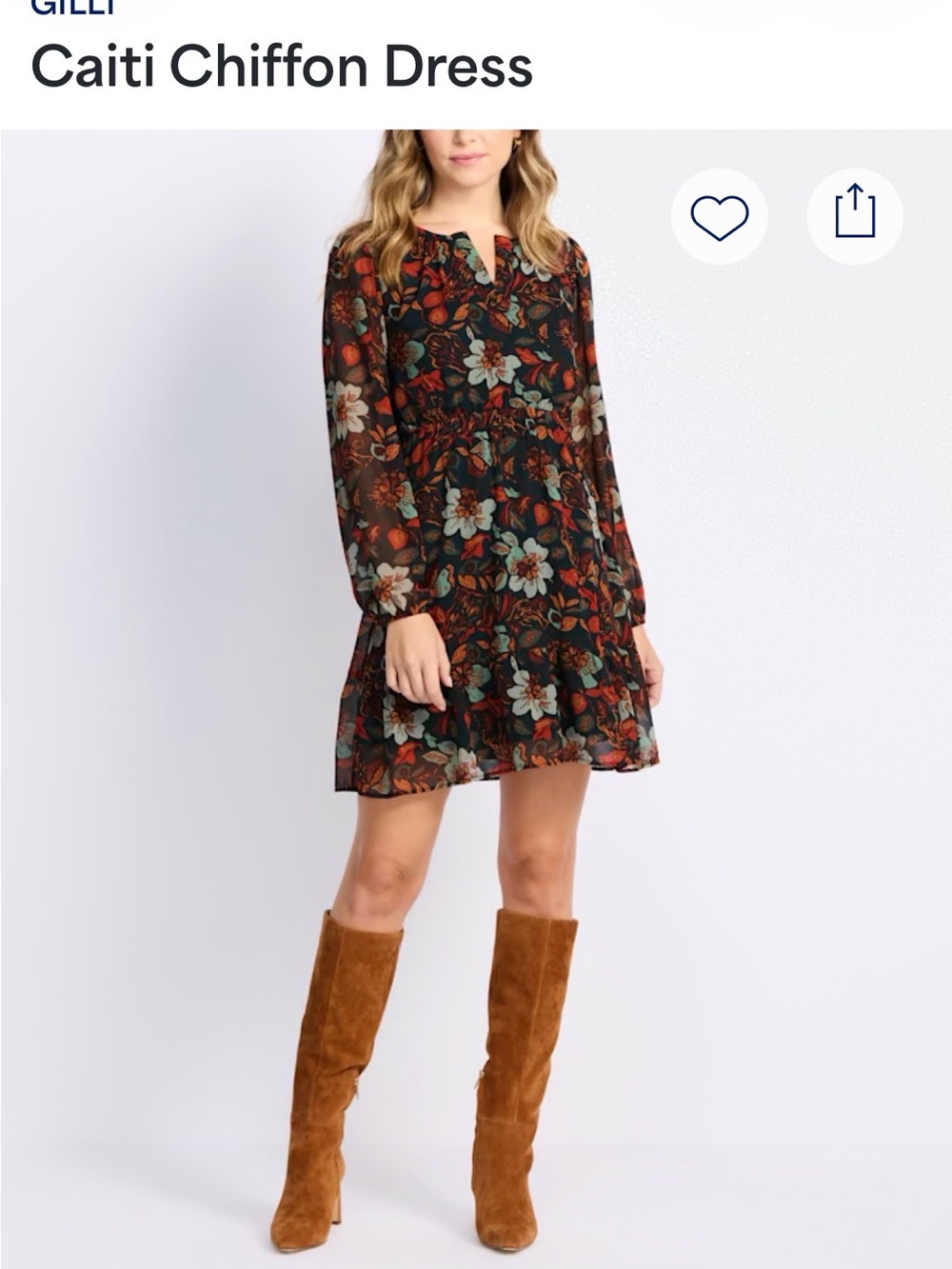 Gilli Teal Floral Long Sleeve Tiered Dress with Rust Accents